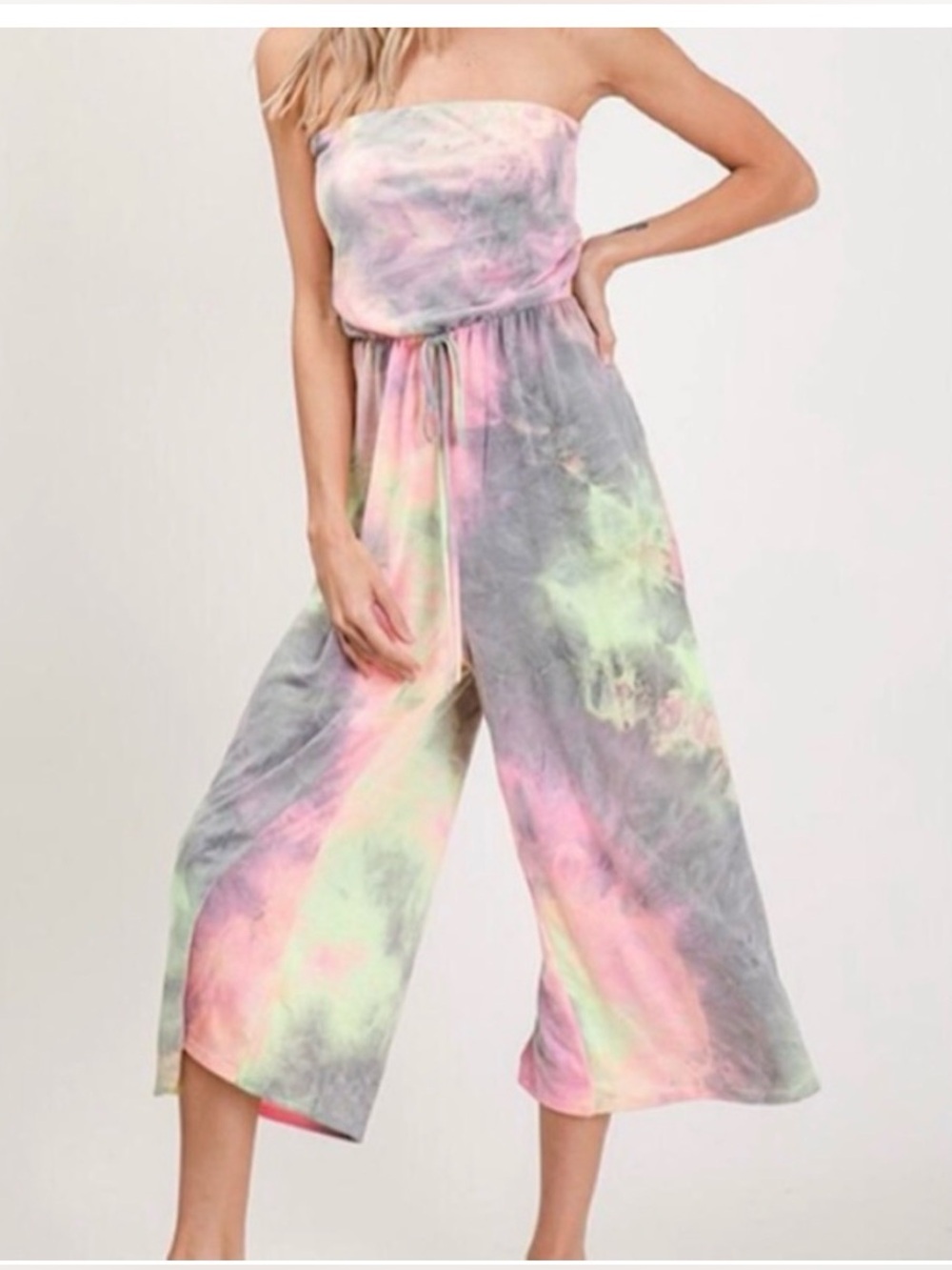 CY Fashion Strapless Tie-Dye Wide-Leg Jumpsuit